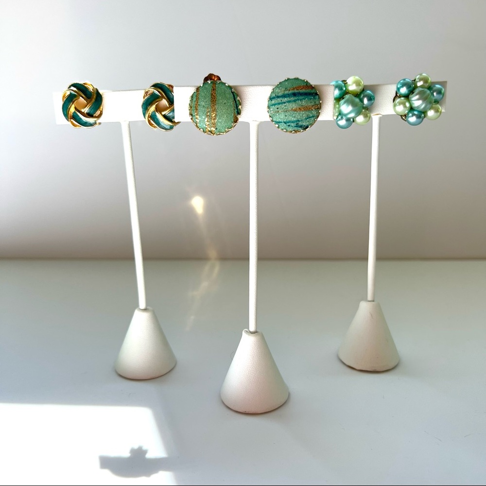 Vintage Set of 3 Pastel Green Earrings Clip On